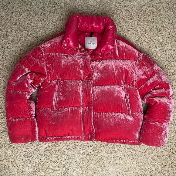 Moncler Caille Giubbotto Goose Down Jacket Pink Quilted Velvet Size 0 EUC - Picture 1 of 12